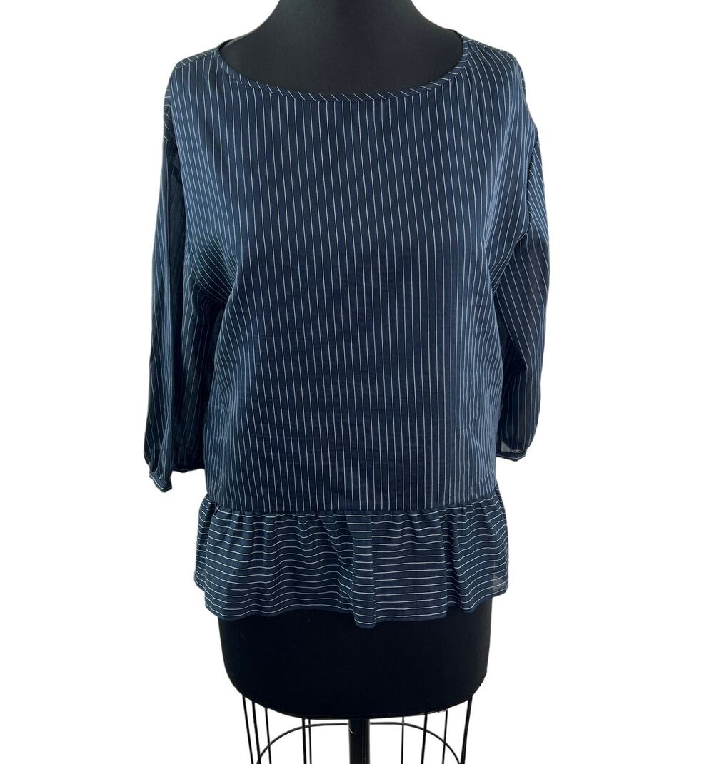 Luisa Cerano Navy White Top Pinstripe Boat Neck Dolman Sleeve Ruffle Hem Size 8
